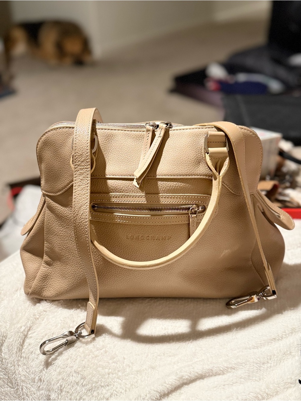 Longchamp Neutral Tan Pebbled Leather Shoulder Bag